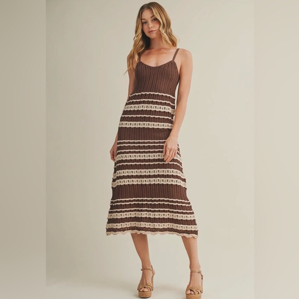 Boutique Brown & Cream Crochet Knit Midi Dress | Striped | Small